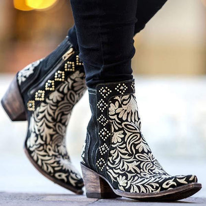 Women's Embroidered Chunky Heel Ankle Boots 74693990C