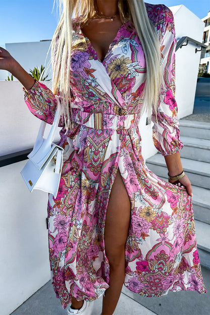 Sexy Vacation Geometric Patchwork With Belt V Neck Printed Dress Dresses