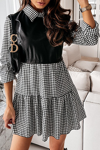 Elegant Patchwork Flounce  Contrast Turndown Collar A Line Dresses