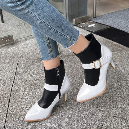 Women's Fashion High Heel Pointed Toe Color Block Zipper Ankle Boots 69062910C