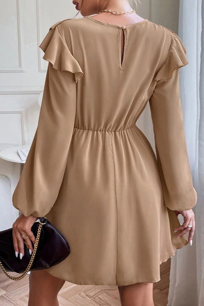 Elegant Solid Patchwork Flounce Without Belt O Neck A Line Dresses