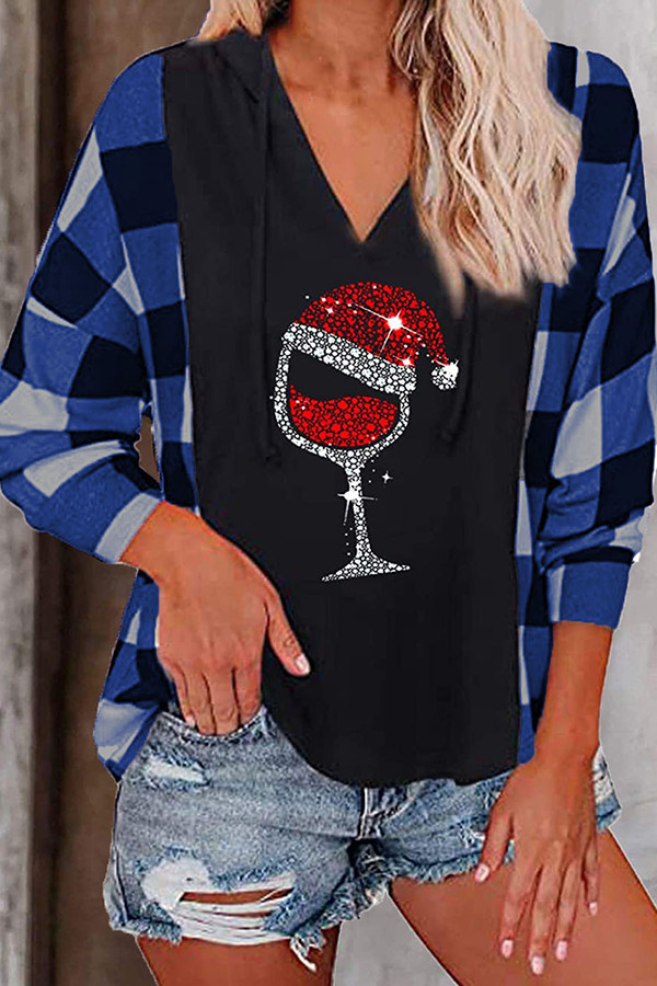Casual Plaid Print Draw String Hooded Collar Tops