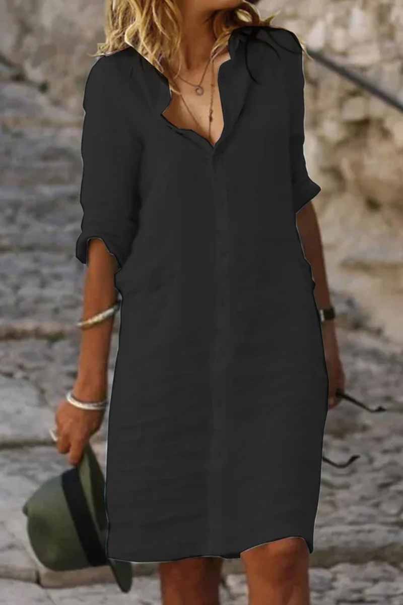 Casual Solid Turndown Collar Shirt Dress Dresses