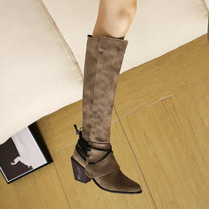 Women's Fashion Lace Up Chunky Heel Knee High Rider Boots 96479483S