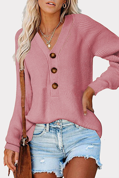 Casual Solid Split Joint Buckle V Neck Tops