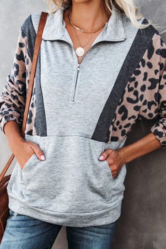 Casual Leopard Split Joint Pocket Zipper Collar Tops(4 colors)