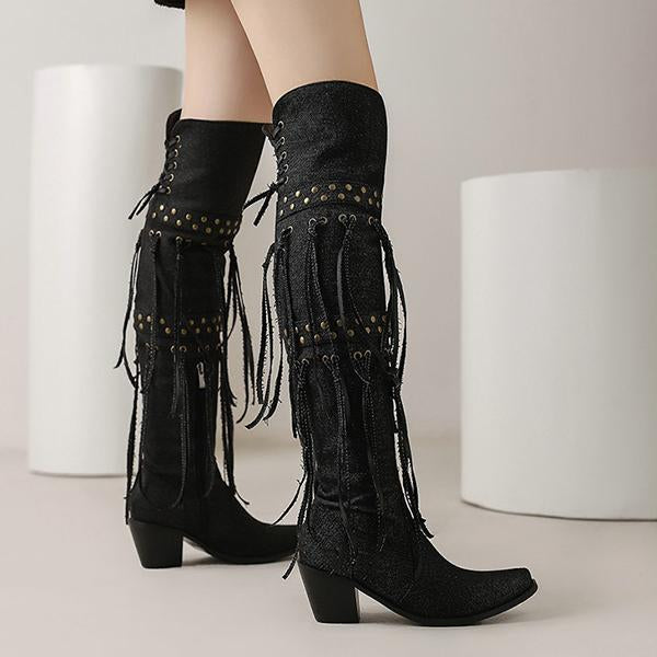 Women's Fashion Stud Tassel Chunky Heel Over-the-Knee Boots 25590507S