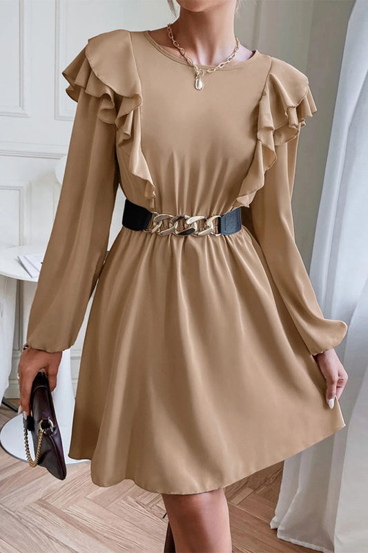 Elegant Solid Patchwork Flounce Without Belt O Neck A Line Dresses