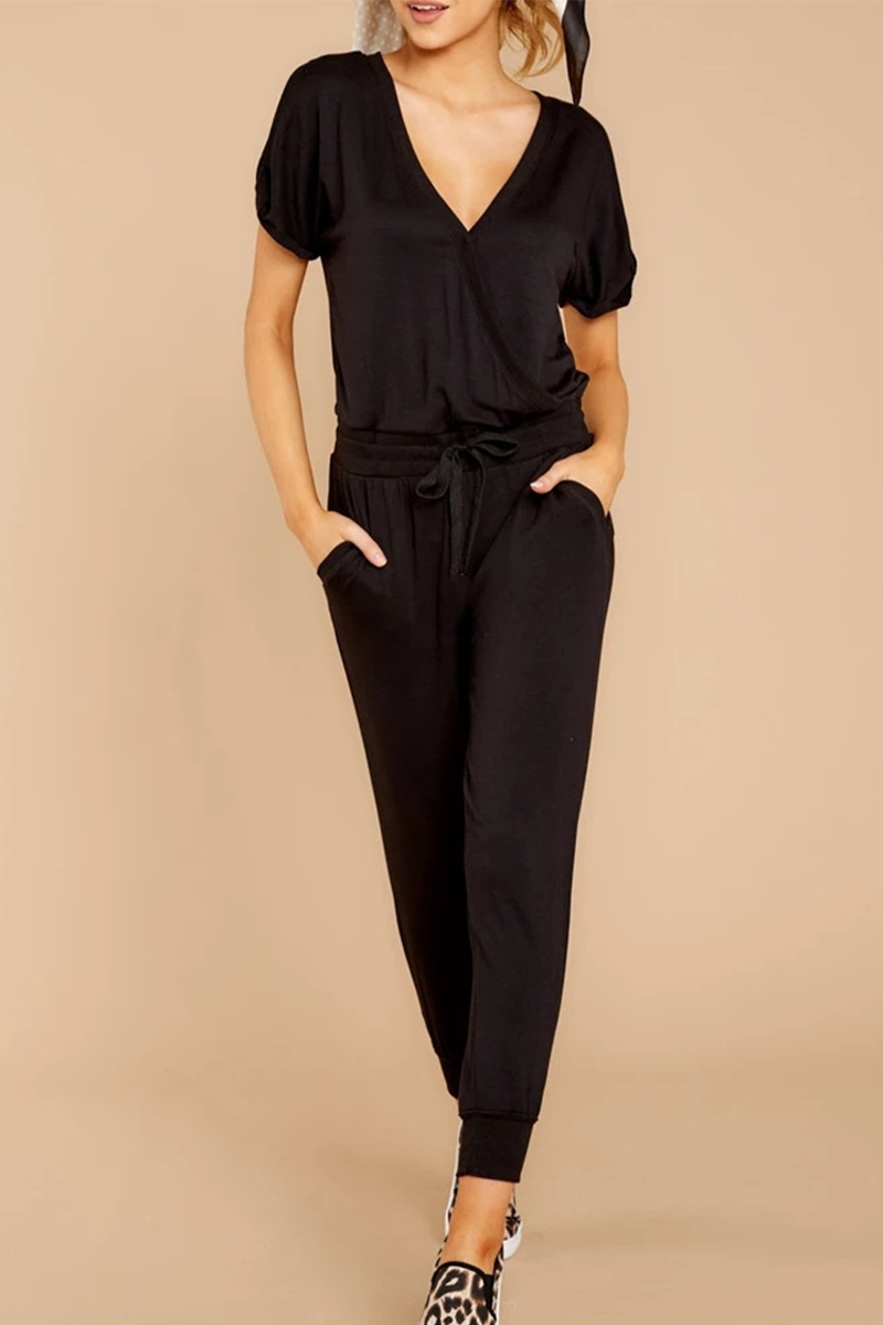 Casual Solid Bandage V Neck Regular Jumpsuits