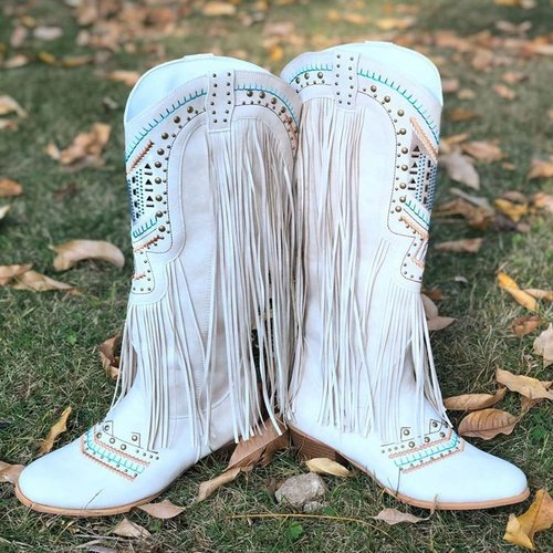 Rhinestone Tassel Square Toe Rider Boots