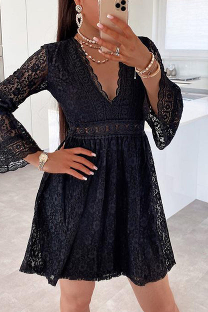 Sweet Elegant Solid Lace Hollowed Out V Neck A Line Dresses