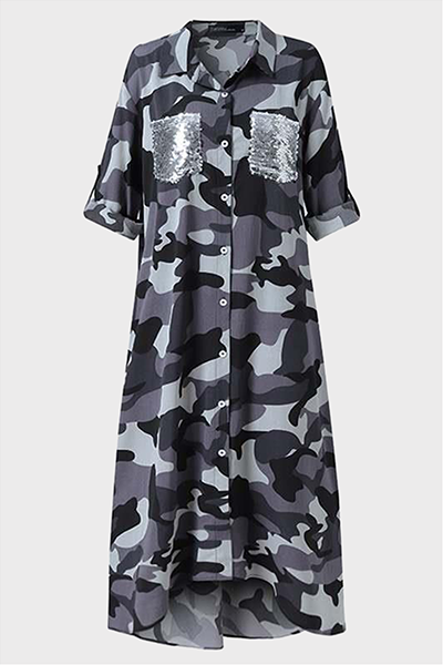 Casual Print Camouflage Print Sequins Buckle Turndown Collar Shirt Dress Dresses