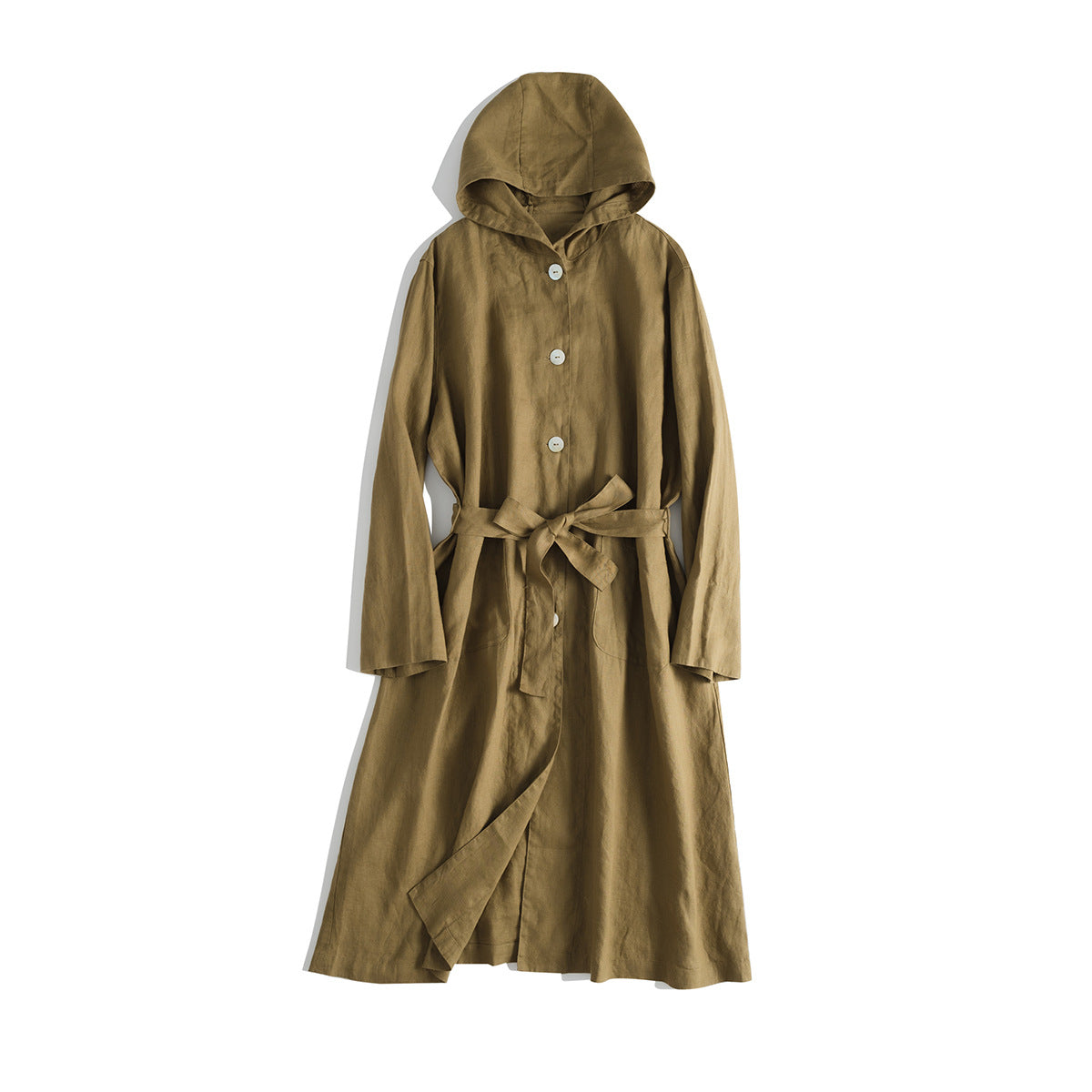 Linen Mid-length Hooded Long-sleeved Belt Sunscreen Windbreaker