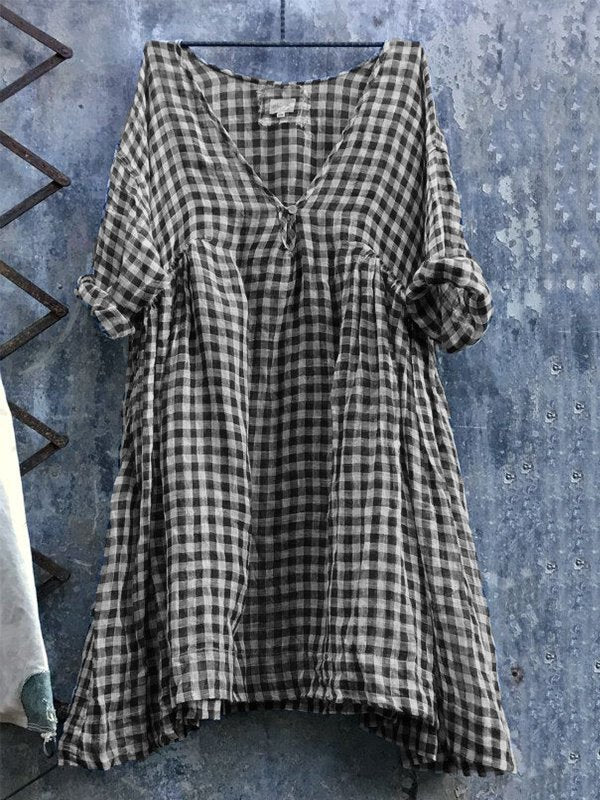 Casual V Neck 3/4 Sleeve Plus Size Lattice Bat Sleeve Dress