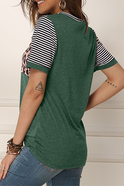 Casual Striped Leopard Split Joint Fold O Neck T-Shirts