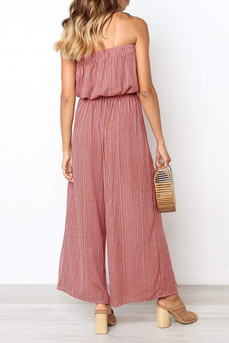 Street Striped Split Joint Frenulum Strapless Straight Jumpsuits