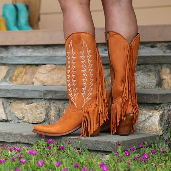 Women's Chunky Heel Side Zipper Tassel Cowboy Boots 85245484C