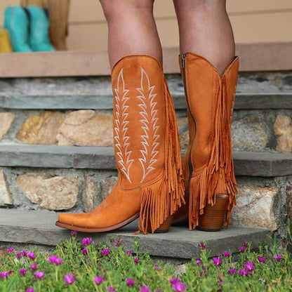 Women's Chunky Heel Side Zipper Tassel Cowboy Boots 85245484C