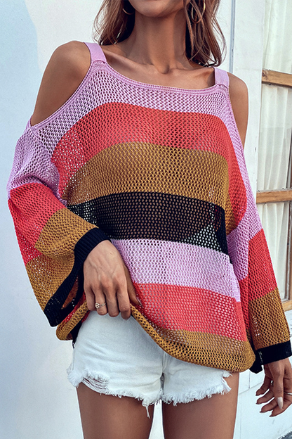 Casual Striped Patchwork O Neck Tops