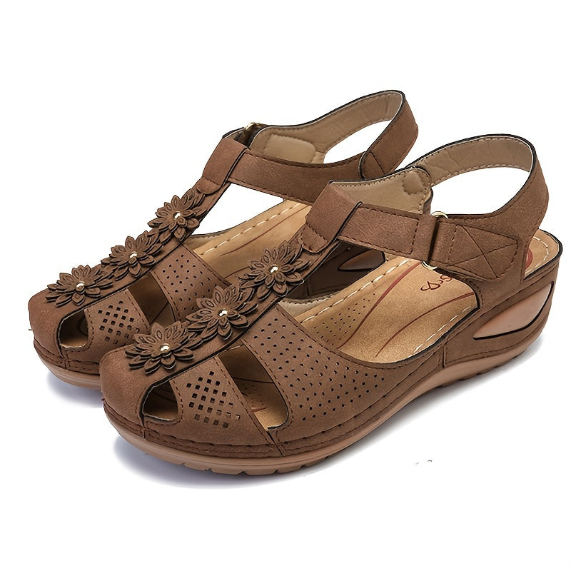 Faux Leather Hook & Loop Sandals - Women's Open Toe Casual Shoes