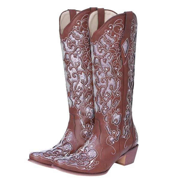 Women's Embroidered Chunky Heel Mid-Calf Boots 84776262C