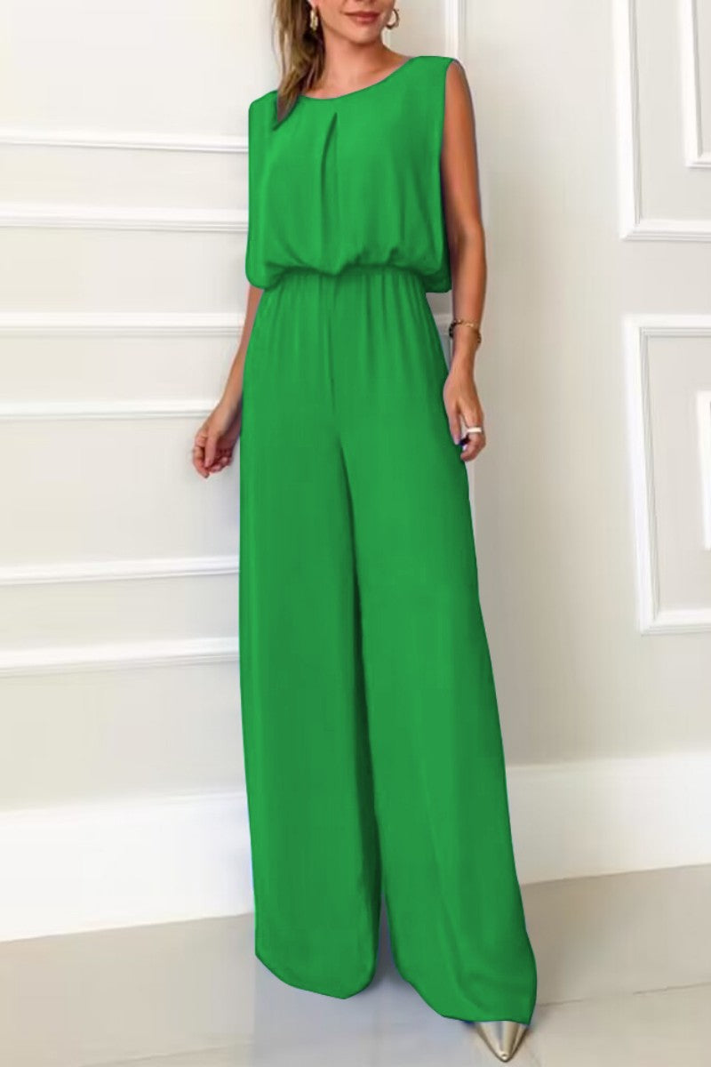 Casual Solid Backless O Neck Regular Jumpsuits