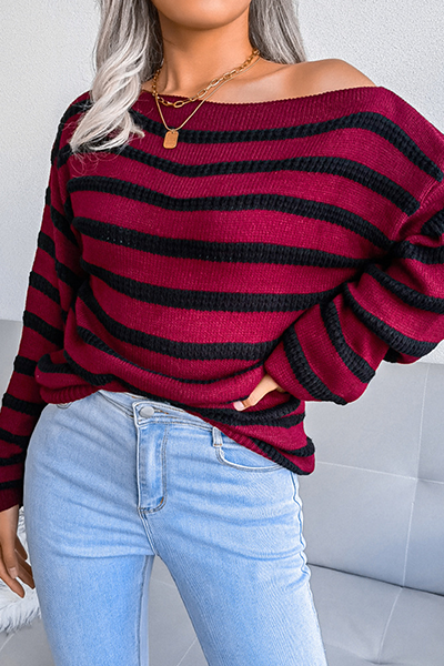 Casual Striped Split Joint  Contrast Off the Shoulder Tops