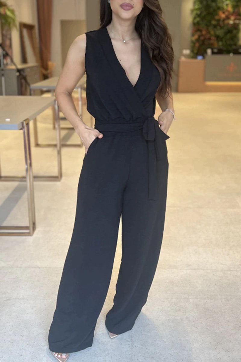 Sexy Elegant Solid With Belt V Neck Regular Jumpsuits