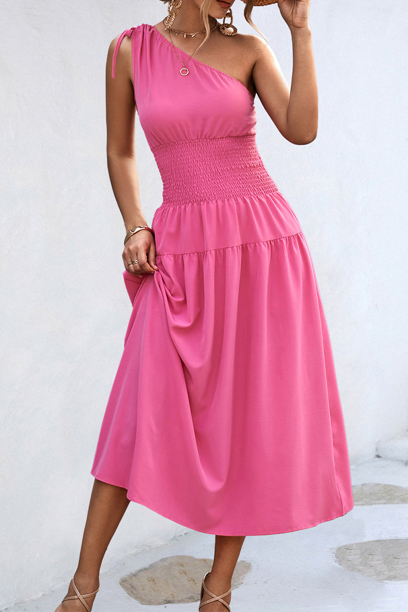 Casual Simplicity Solid Frenulum Oblique Collar Waist Skirt Dresses