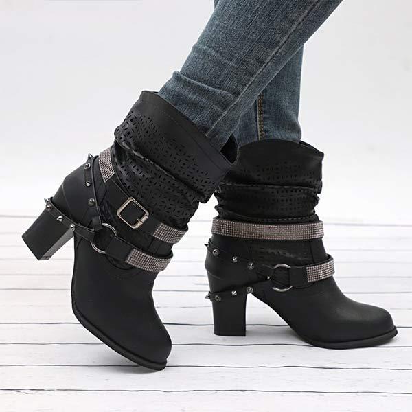 Women's Mid-Heel Cutout Buckle Ankle Martin Boots 62205223C