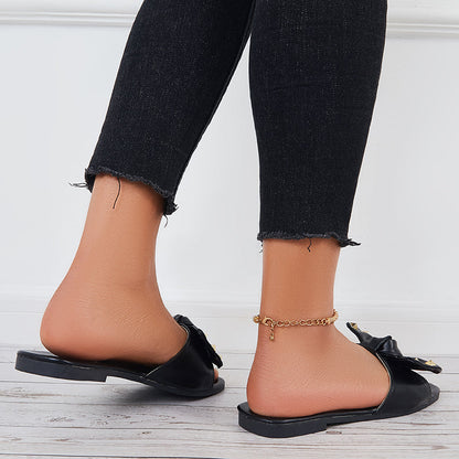 Bowknot Flat Slide Sandals Square Toe Beach Slippers