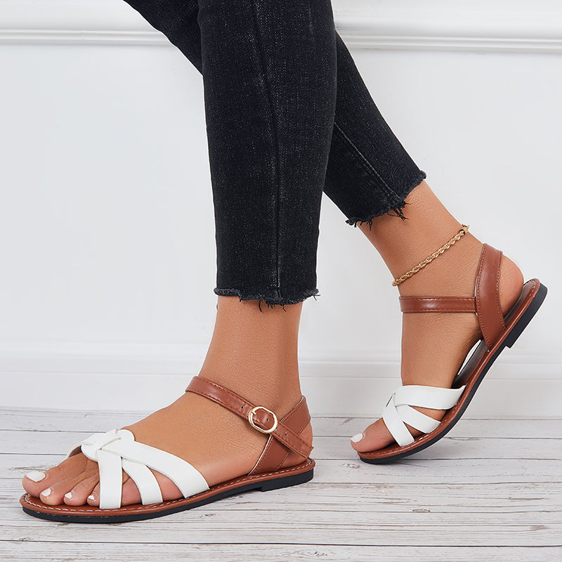 Women Open Toe Flat Sandals Criss Cross Buckle Strap Sandals