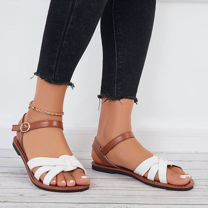 Women Open Toe Flat Sandals Criss Cross Buckle Strap Sandals