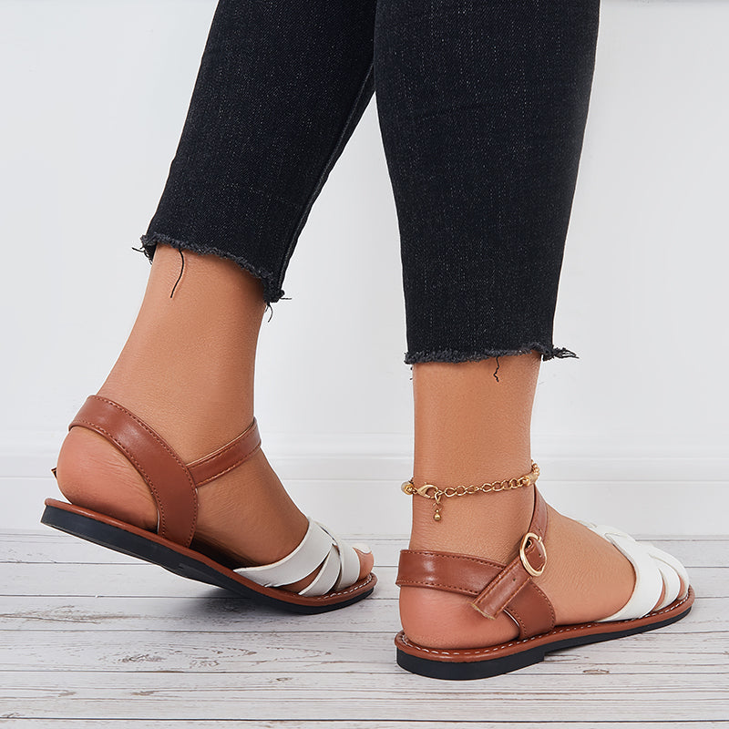 Women Open Toe Flat Sandals Criss Cross Buckle Strap Sandals