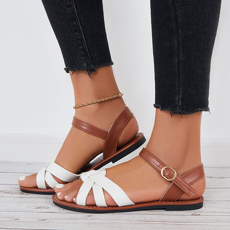 Women Open Toe Flat Sandals Criss Cross Buckle Strap Sandals