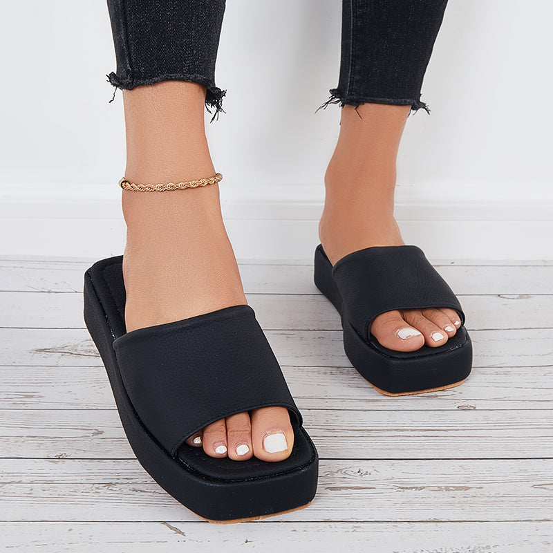 Women Platform Slide Sandals Square Toe Thick Sole Slippers