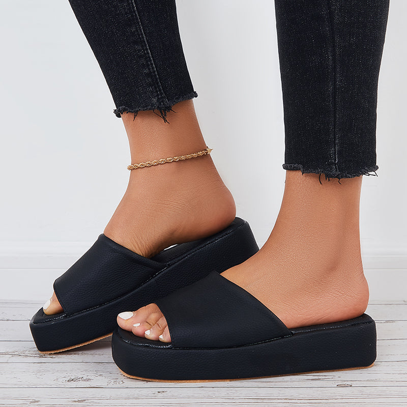 Women Platform Slide Sandals Square Toe Thick Sole Slippers