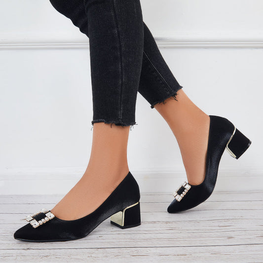 Buckle Block Low Heel Pumps Pointed Toe Solid Color Office Shoes