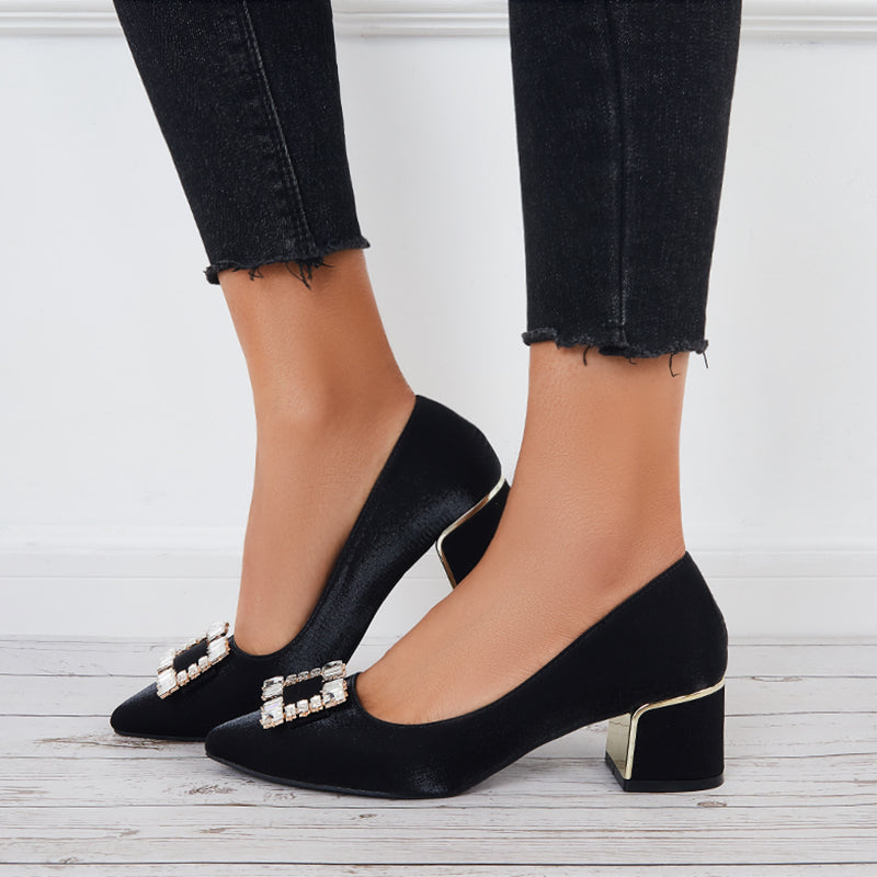 Buckle Block Low Heel Pumps Pointed Toe Solid Color Office Shoes