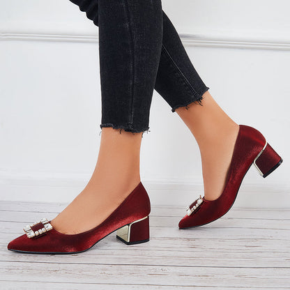 Buckle Block Low Heel Pumps Pointed Toe Solid Color Office Shoes