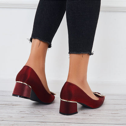 Buckle Block Low Heel Pumps Pointed Toe Solid Color Office Shoes