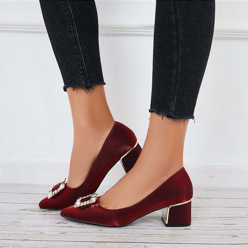 Buckle Block Low Heel Pumps Pointed Toe Solid Color Office Shoes