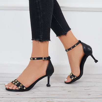 Women Rivet Kitten Mid Heel Sandals Pointy Toe Ankle Strap Pumps