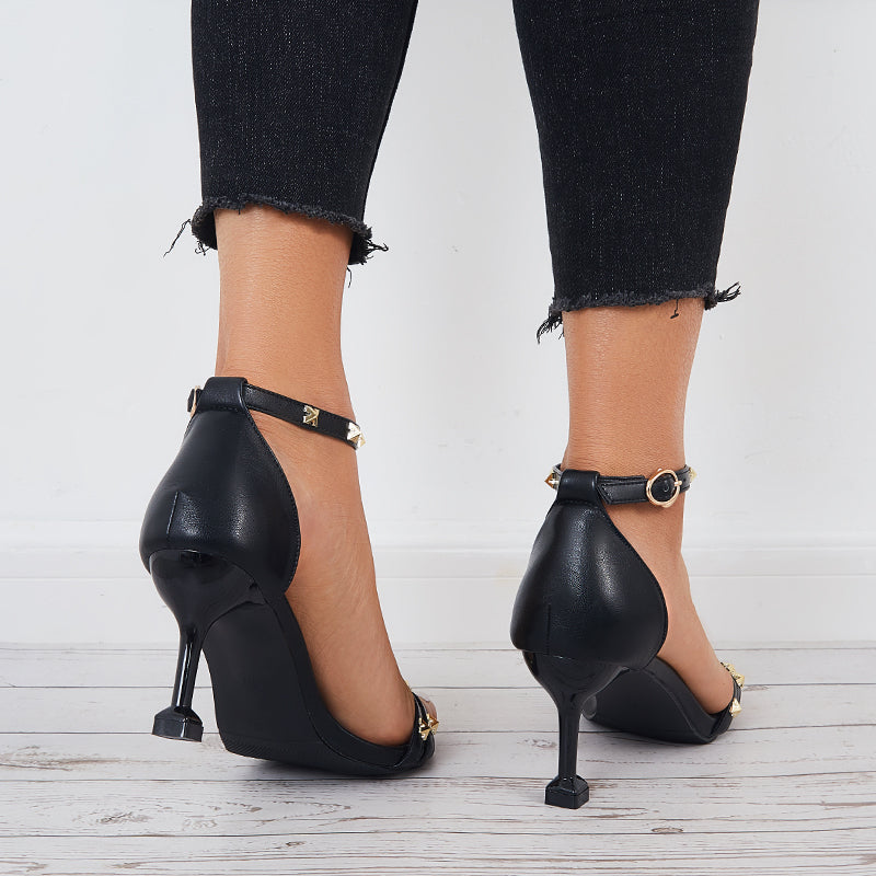 Women Rivet Kitten Mid Heel Sandals Pointy Toe Ankle Strap Pumps