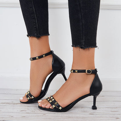 Women Rivet Kitten Mid Heel Sandals Pointy Toe Ankle Strap Pumps