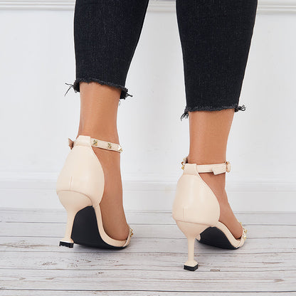 Women Rivet Kitten Mid Heel Sandals Pointy Toe Ankle Strap Pumps