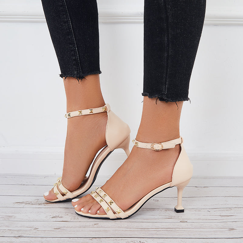 Women Rivet Kitten Mid Heel Sandals Pointy Toe Ankle Strap Pumps