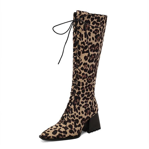 Women's Fashion Leopard Print Chunky Heel High Rider Boots 20249398S