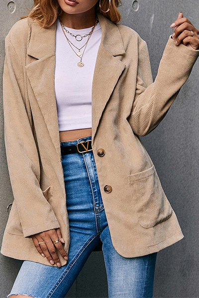 Casual Solid Pocket Buckle Turn-back Collar Outerwear