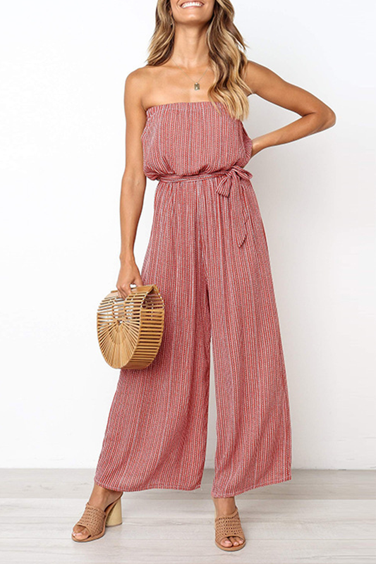 Street Striped Split Joint Frenulum Strapless Straight Jumpsuits